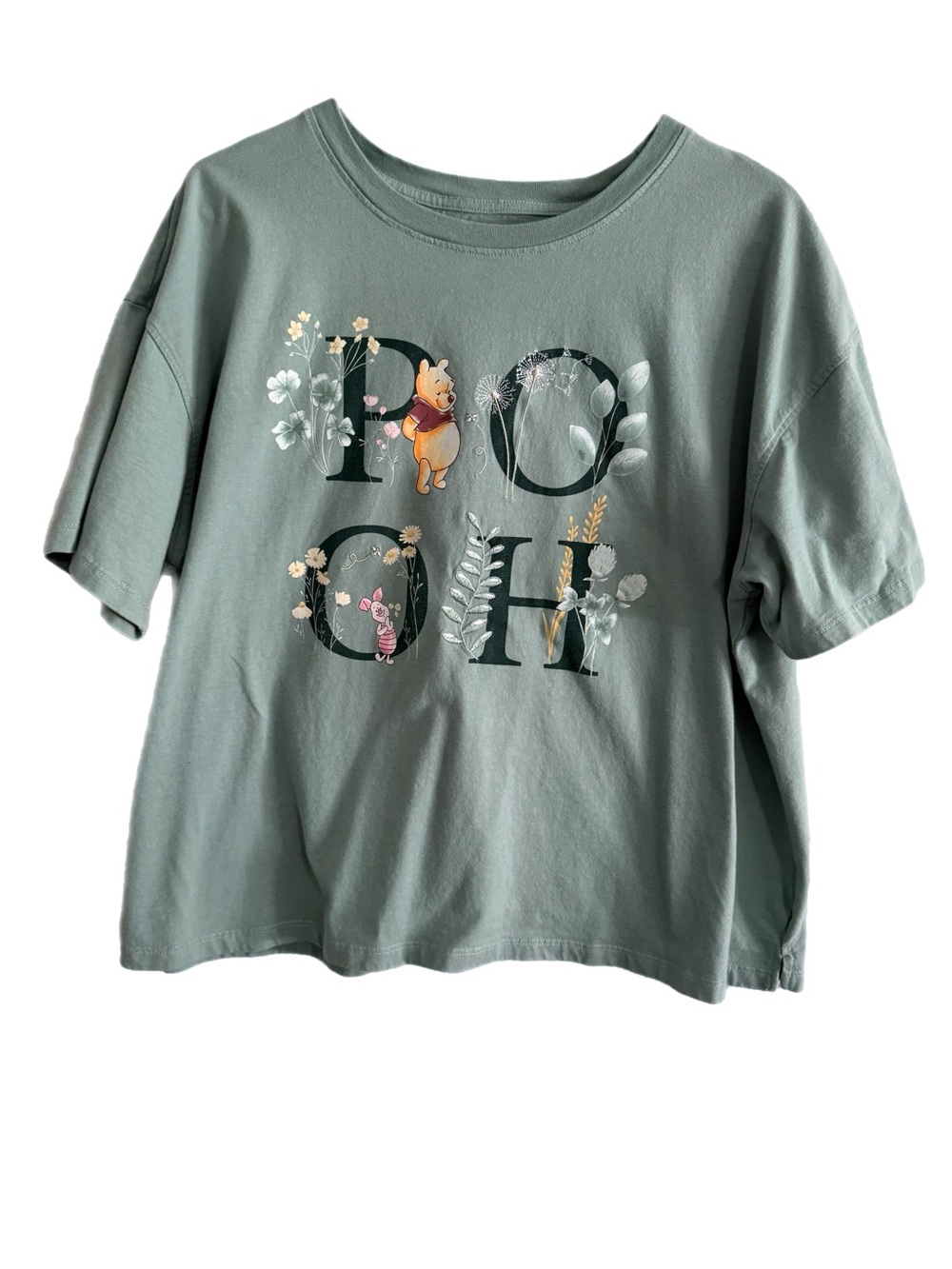 Disney Sage Green Winnie the Pooh Floral Embroidered Graphic Tee Size XL